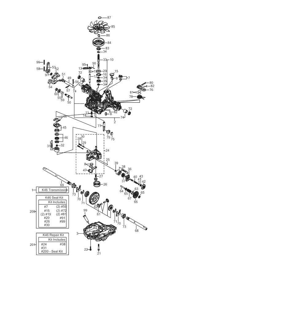 Transmission Diagram and Parts List for XT2-SLX50KW (13AFA2TLA10)(2021) Cub Cadet Lawn Tractor